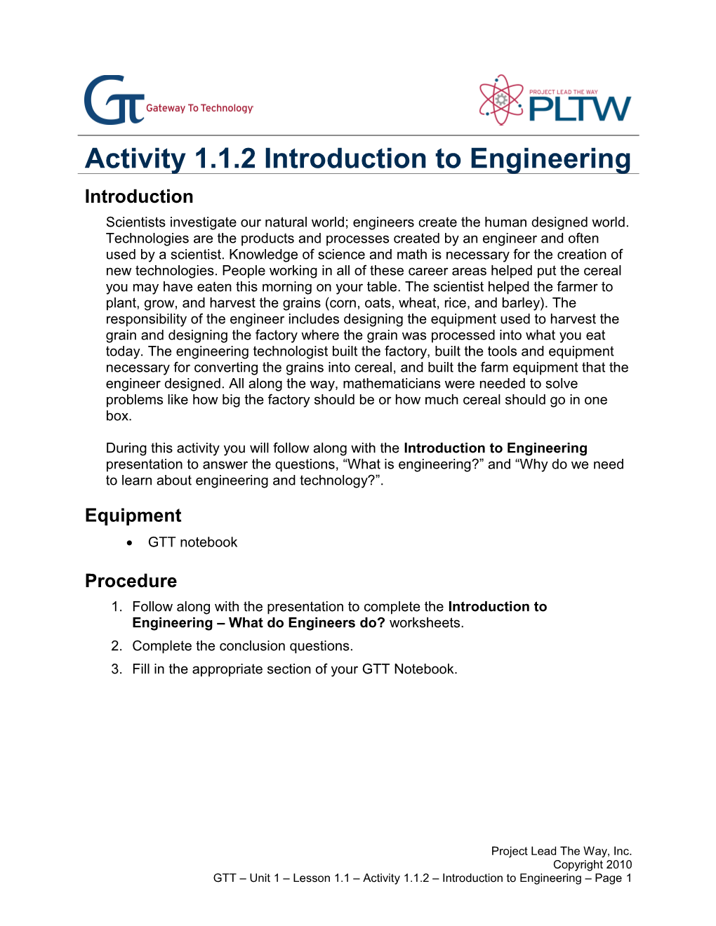 Activity 1.1.2 Introduction to Engineering