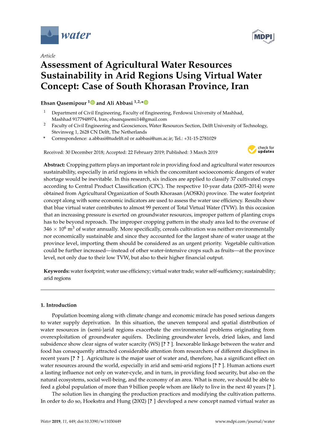 Assessment of Agricultural Water Resources Sustainability in Arid Regions Using Virtual Water Concept: Case of South Khorasan Province, Iran