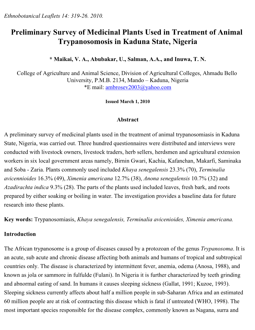 Preliminary Survey of Medicinal Plants Used in Treatment of Animal Trypanosomosis in Kaduna State, Nigeria