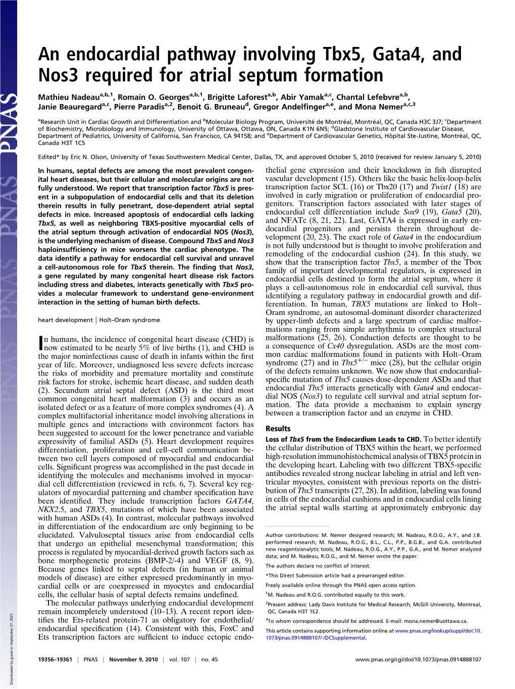 An Endocardial Pathway Involving Tbx5, Gata4, and Nos3 Required for Atrial Septum Formation