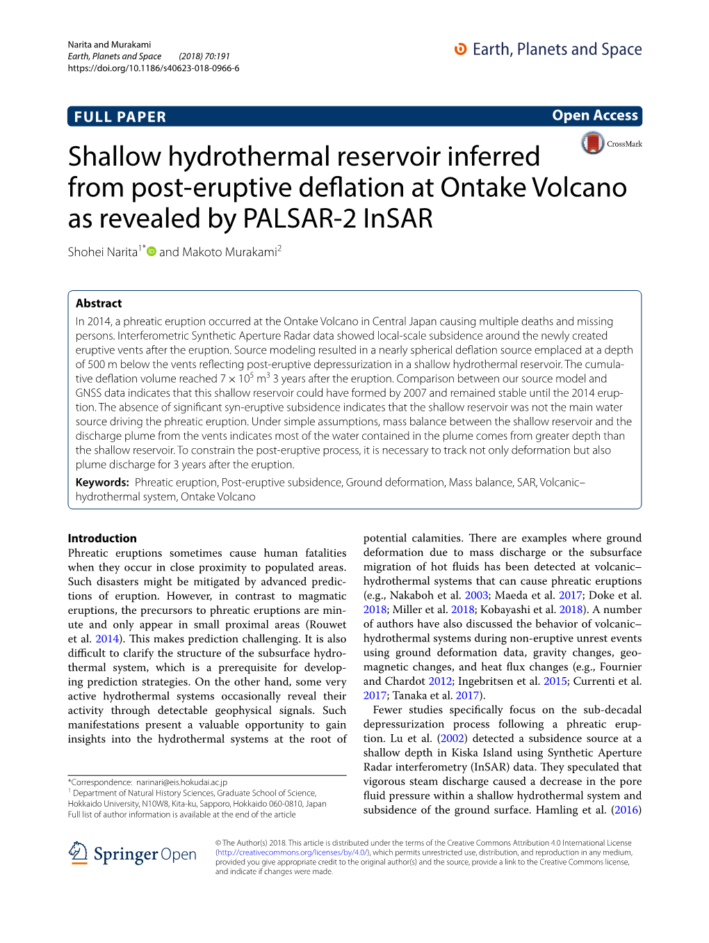 Shallow Hydrothermal Reservoir Inferred from Post-Eruptive Deflation