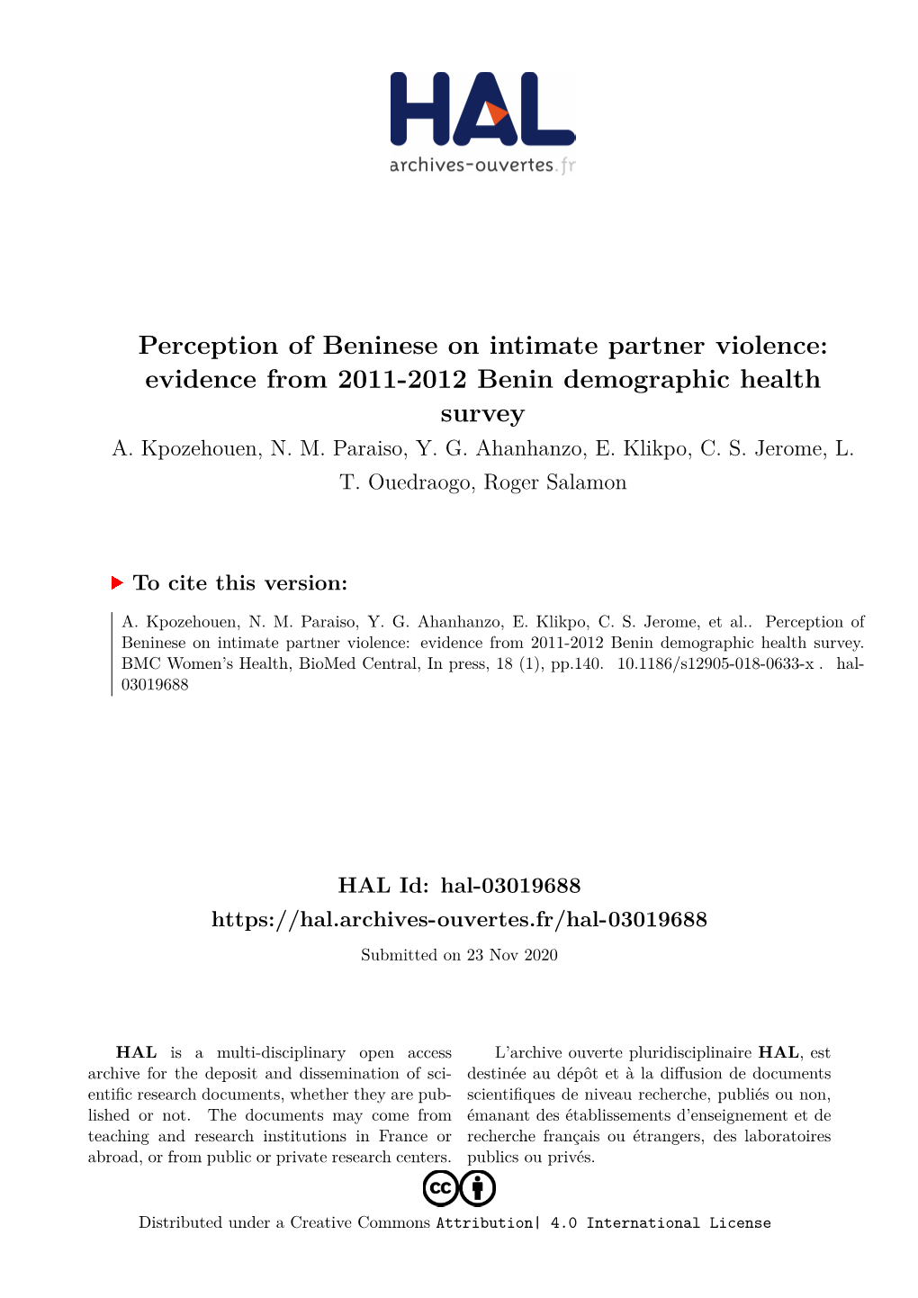 Perception of Beninese on Intimate Partner Violence: Evidence from 2011-2012 Benin Demographic Health Survey A
