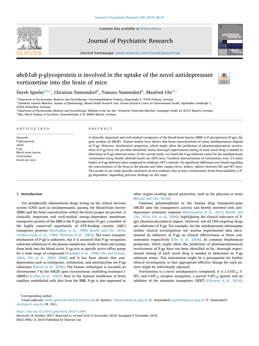 Abcb1ab P-Glycoprotein Is Involved in the Uptake of the Novel Antidepressant Vortioxetine Into the Brain of Mice T