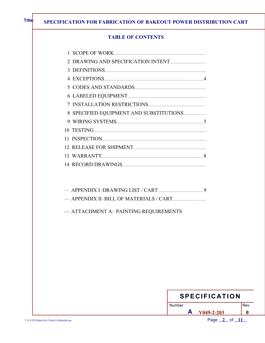 Specification for Fabrication of Bakeout Power Distribution Cart