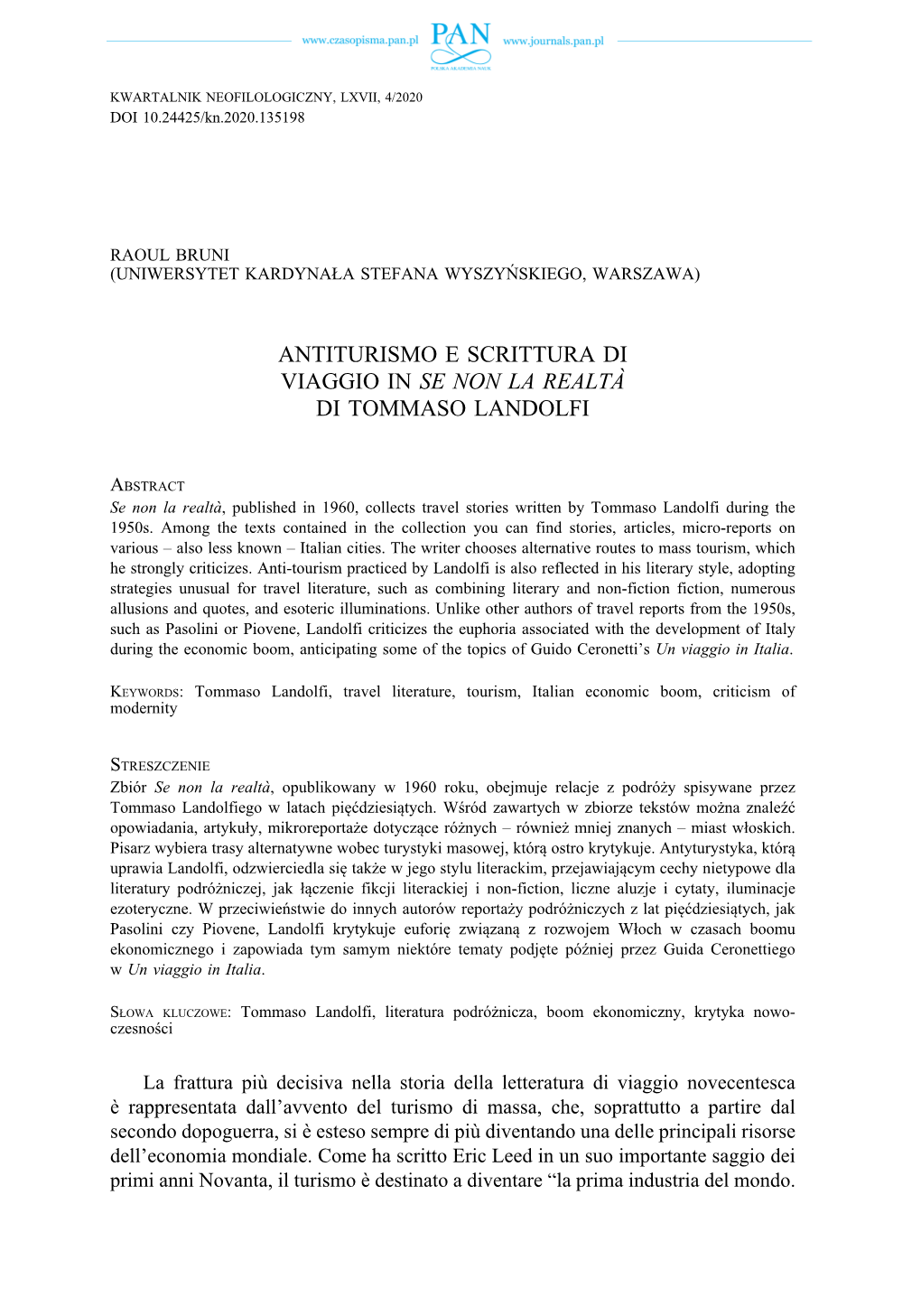 Antiturismo E Scrittura Di Viaggio in Se Non La Realtà Di Tommaso Landolfi