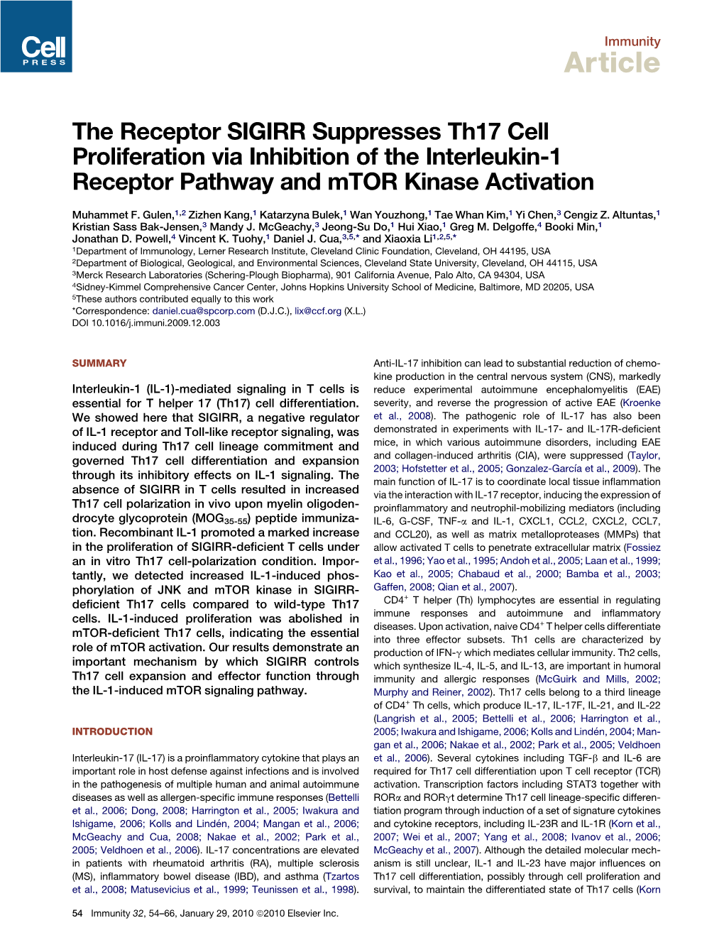 The Receptor SIGIRR Suppresses Th17 Cell Proliferation Via Inhibition of the Interleukin-1 Receptor Pathway and Mtor Kinase Activation