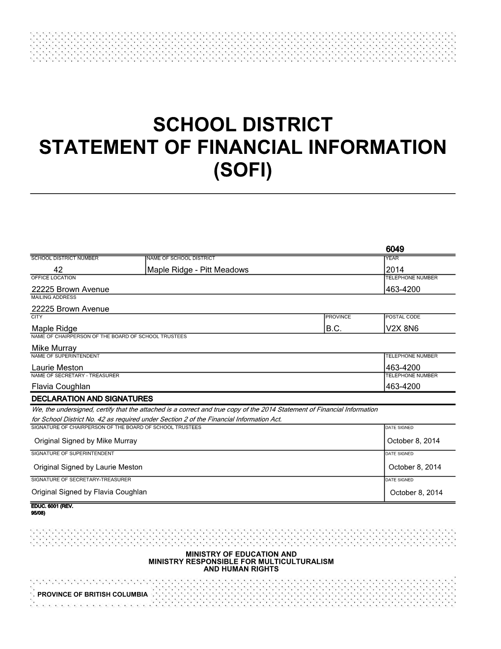 School District Statement of Financial Information (Sofi)