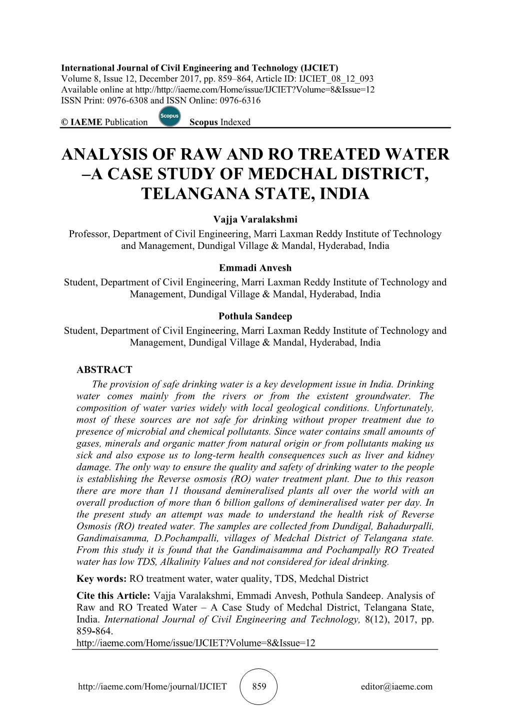 Analysis of Raw and Ro Treated Water –A Case Study of Medchal District, Telangana State, India