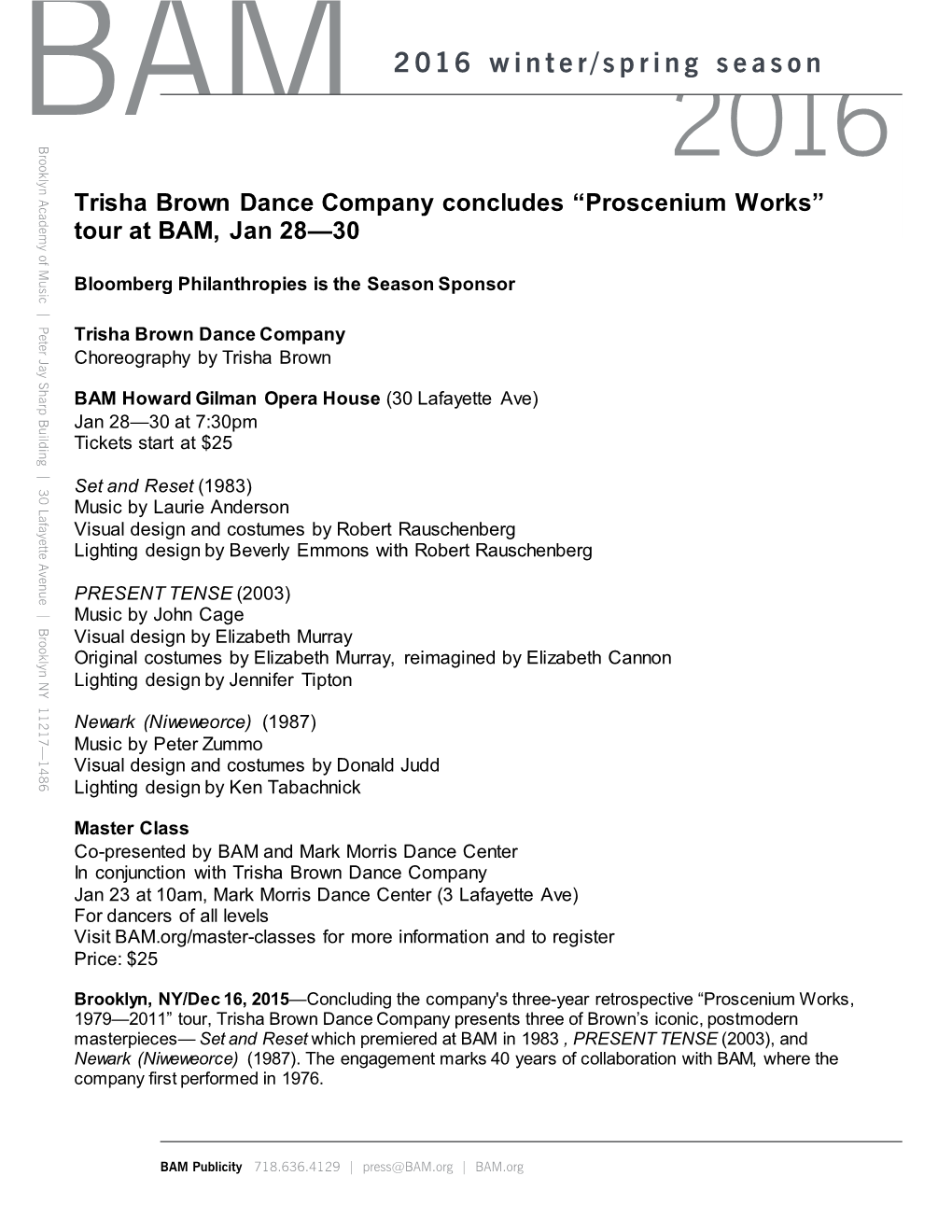 Trisha Brown Dance Company Concludes “Proscenium Works” Tour at BAM, Jan 28—30