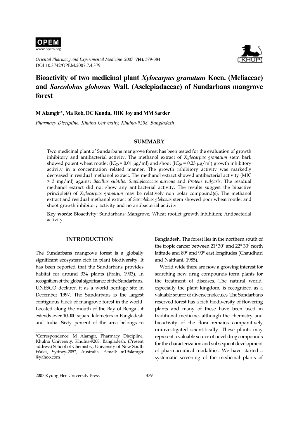Bioactivity of Two Medicinal Plant Xylocarpus Granatum Koen