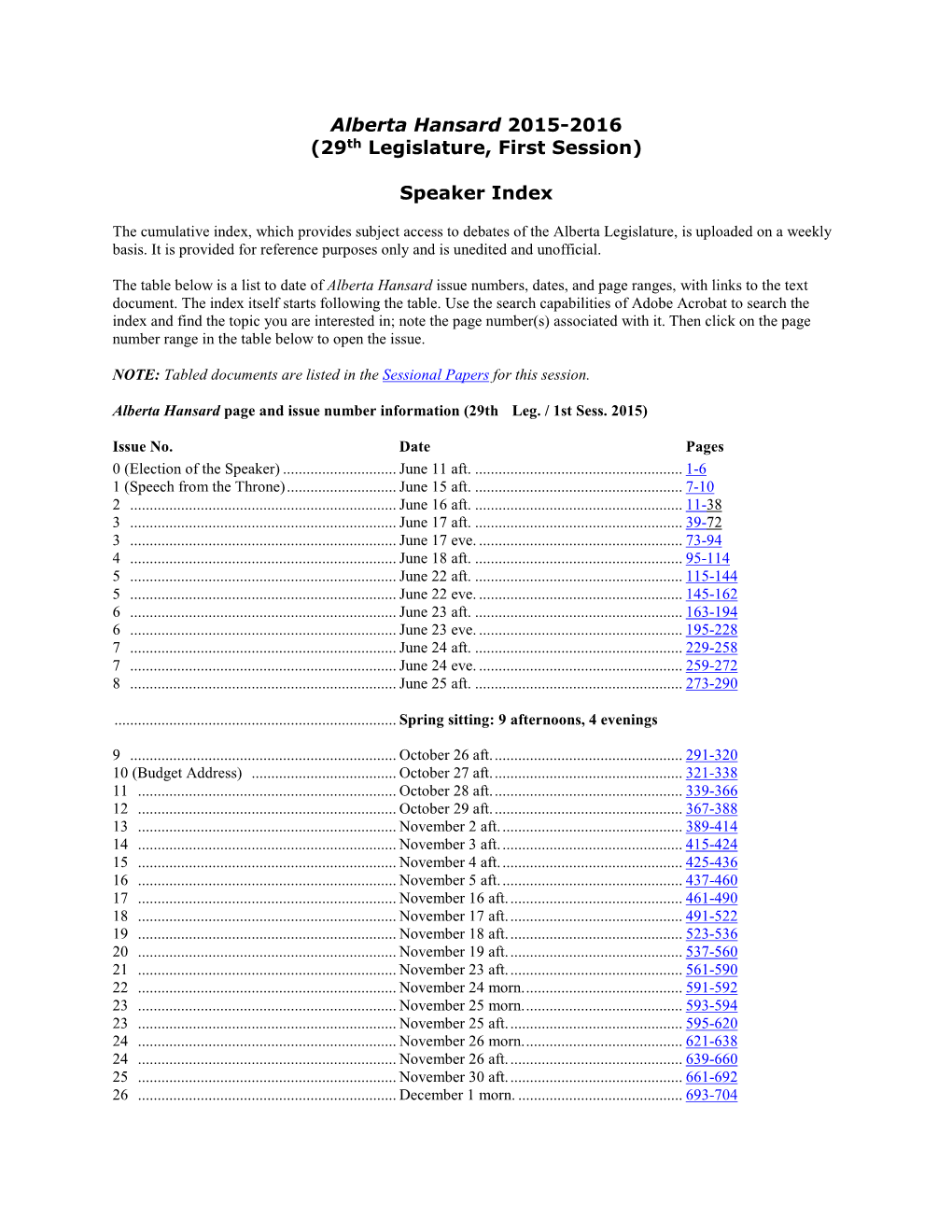 Alberta Hansard 2015-2016 (29Th Legislature, First Session) Speaker