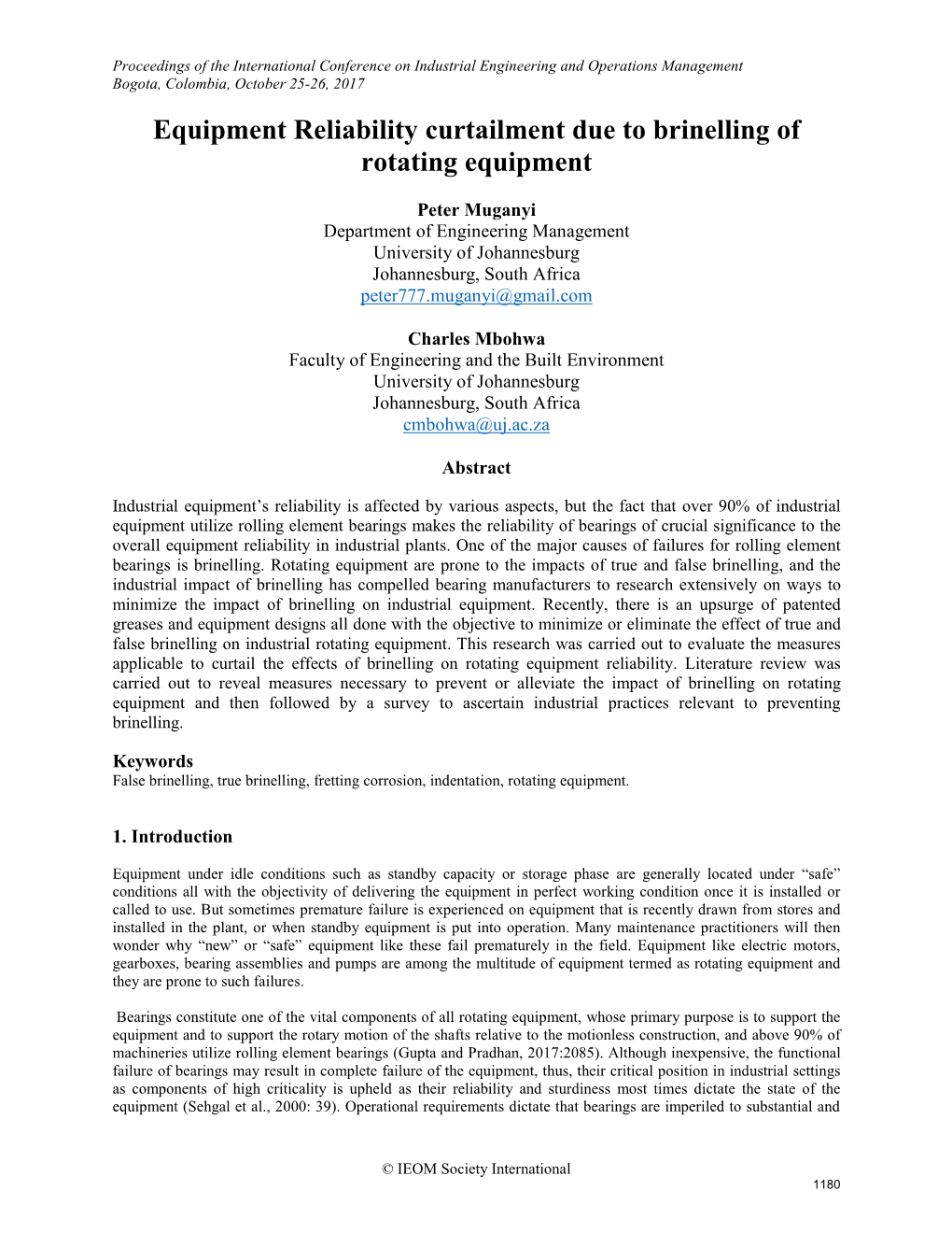 Equipment Reliability Curtailment Due to Brinelling of Rotating Equipment