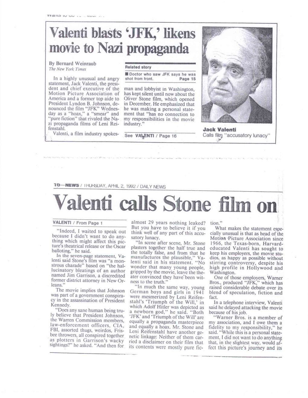 Valenti Calls Stone Film On