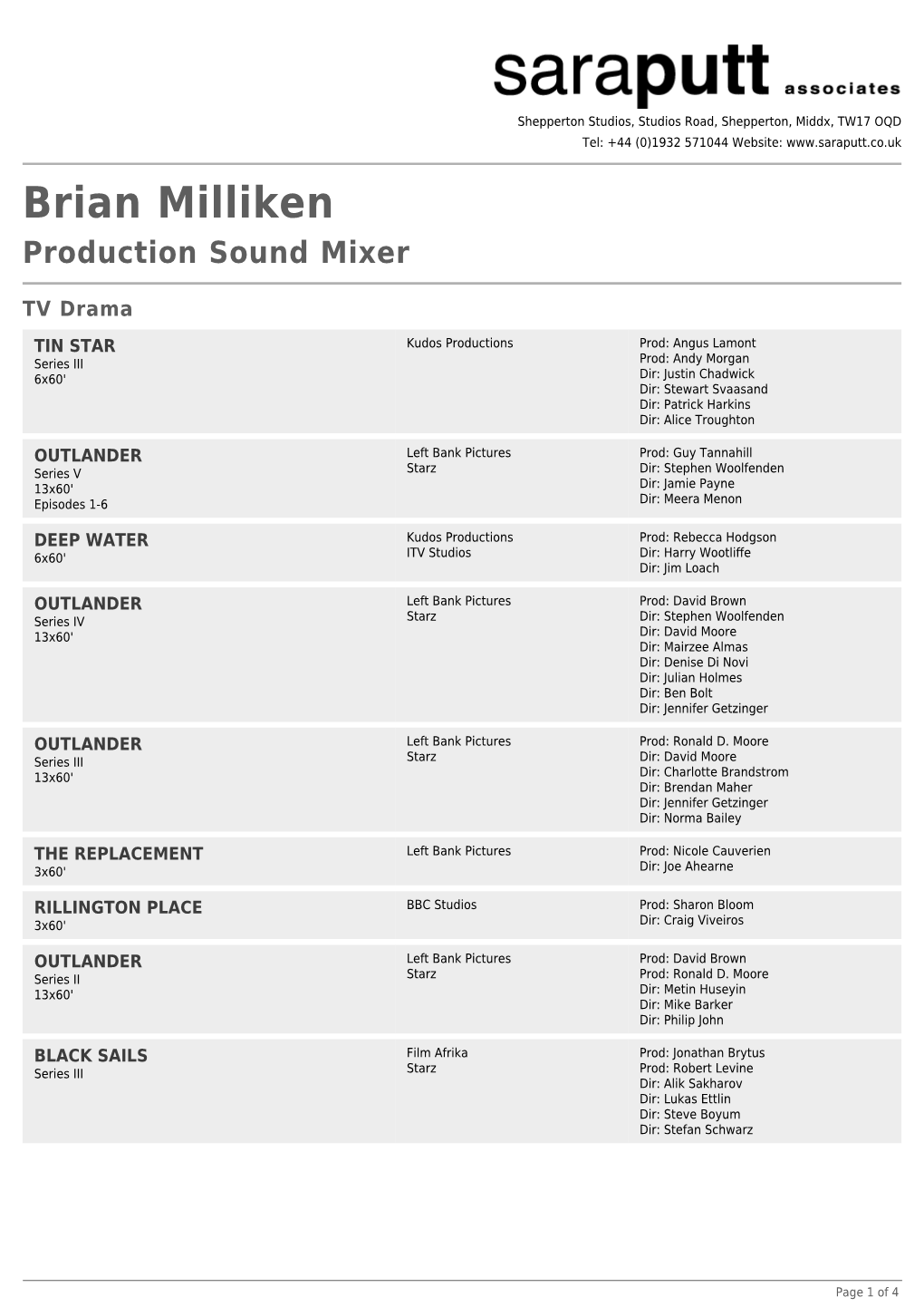 Brian Milliken Production Sound Mixer