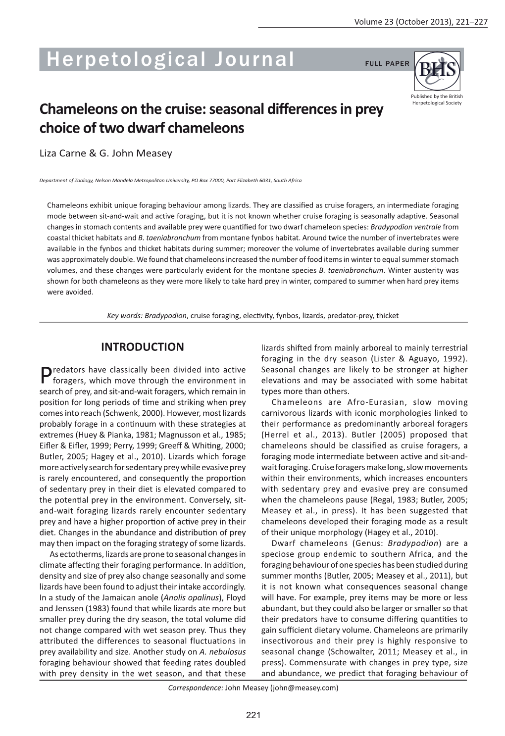 Seasonal Differences in Prey Choice of Two Dwarf Chameleons