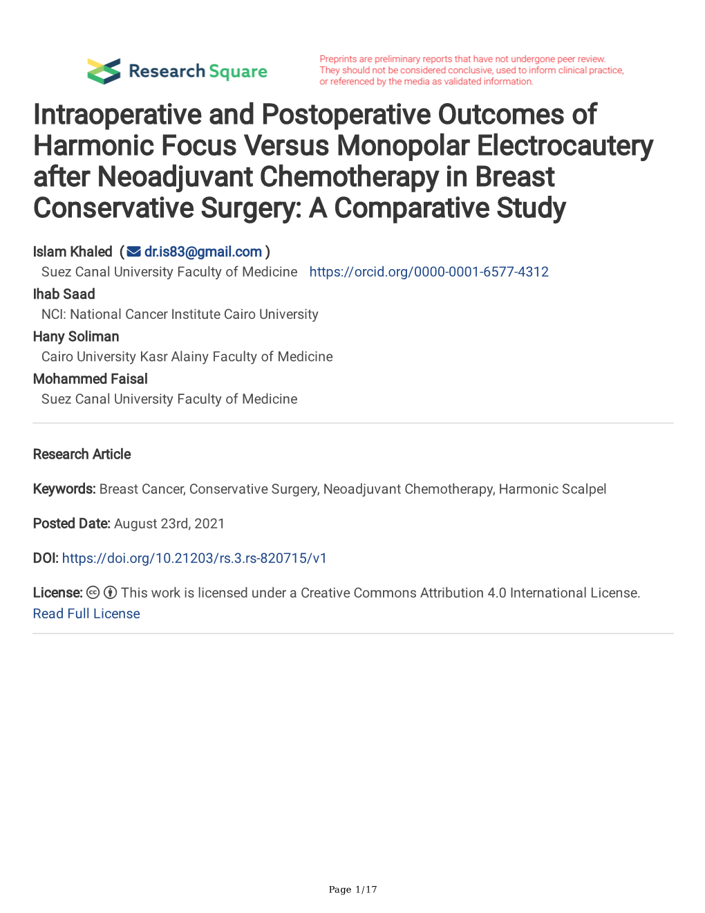 Intraoperative and Postoperative Outcomes of Harmonic Focus