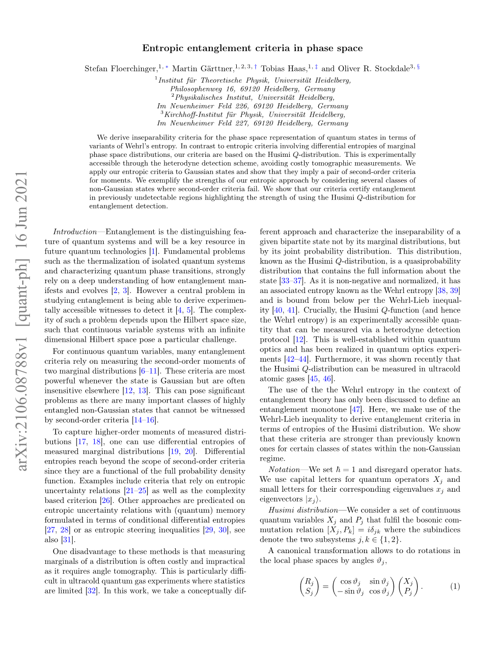 Arxiv:2106.08788V1 [Quant-Ph] 16 Jun 2021 Since They Are a Functional of the Full Probability Density Notation—We Set ~ = 1 and Disregard Operator Hats