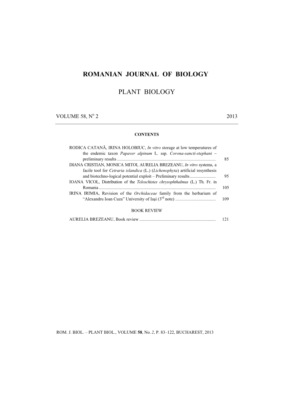 Romanian Journal of Biology1 Plant Biology