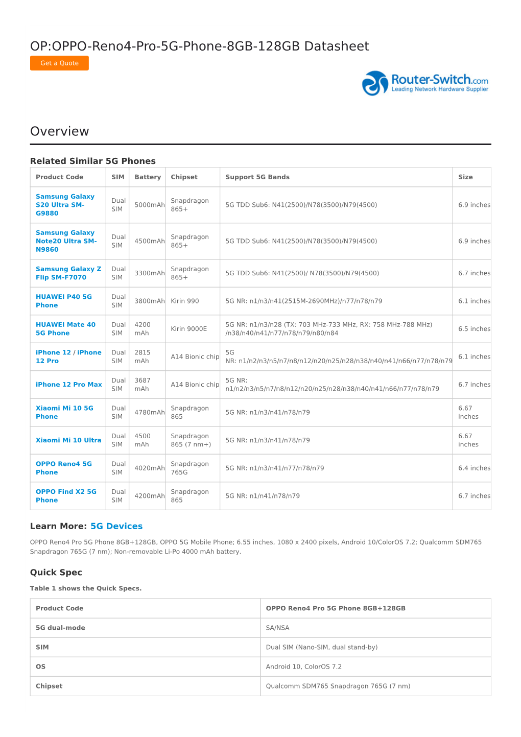 OP:OPPO-Reno4-Pro-5G-Phone-8GB-128GB Datasheet