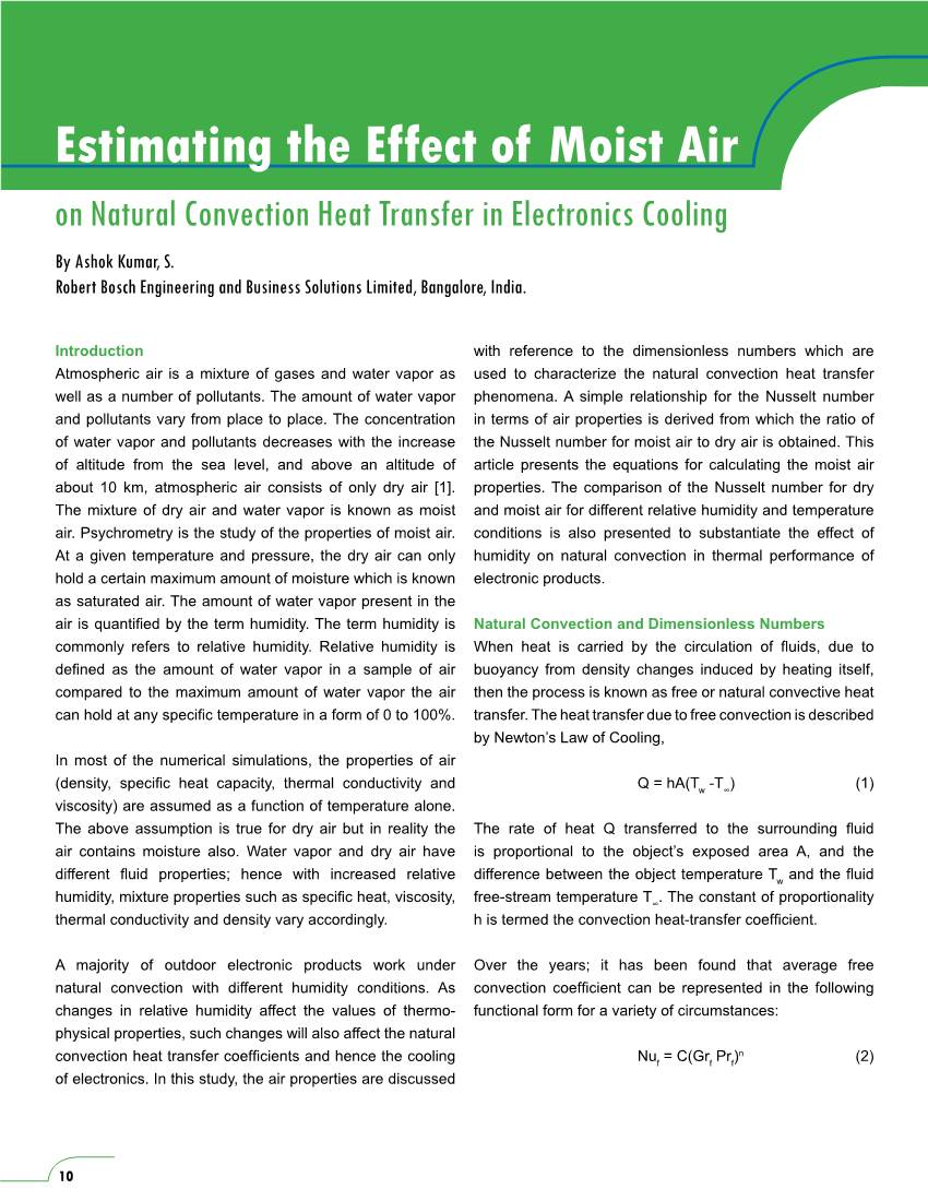 Estimating the Effect of Moist Air on Natural Convection Heat Transfer in Electronics Cooling by Ashok Kumar, S