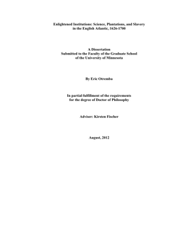 Enlightened Institutions: Science, Plantations, and Slavery in the English Atlantic, 1626-1700