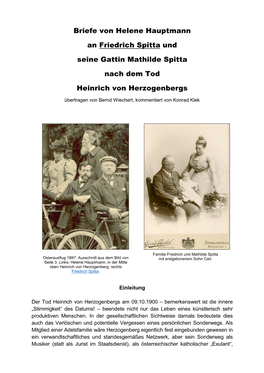 Briefe Von Helene Hauptmann an Friedrich Spitta Und Seine Gattin