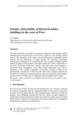 Seismic Vulnerability of Historical Adobe Buildings in the Coast of Peru