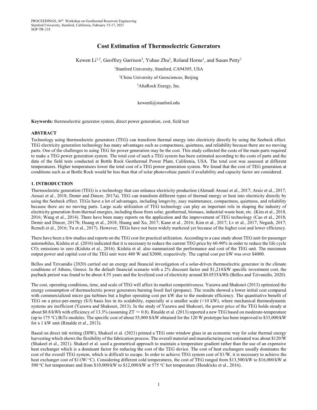 Cost Estimation of Thermoelectric Generators