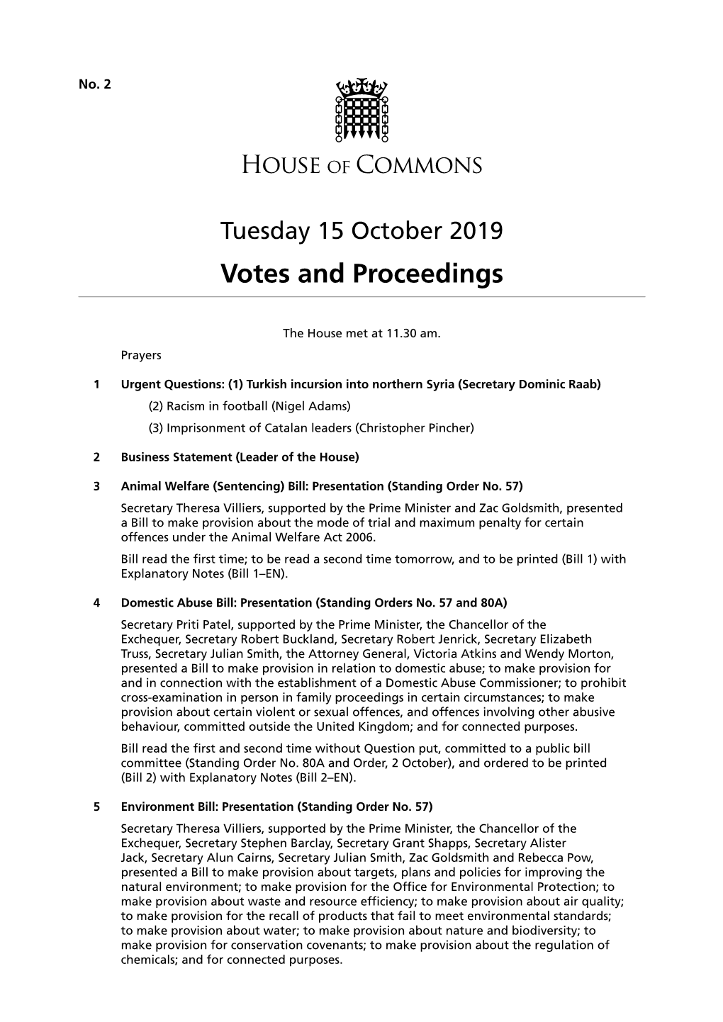Votes and Proceedings for 15 Oct 2019