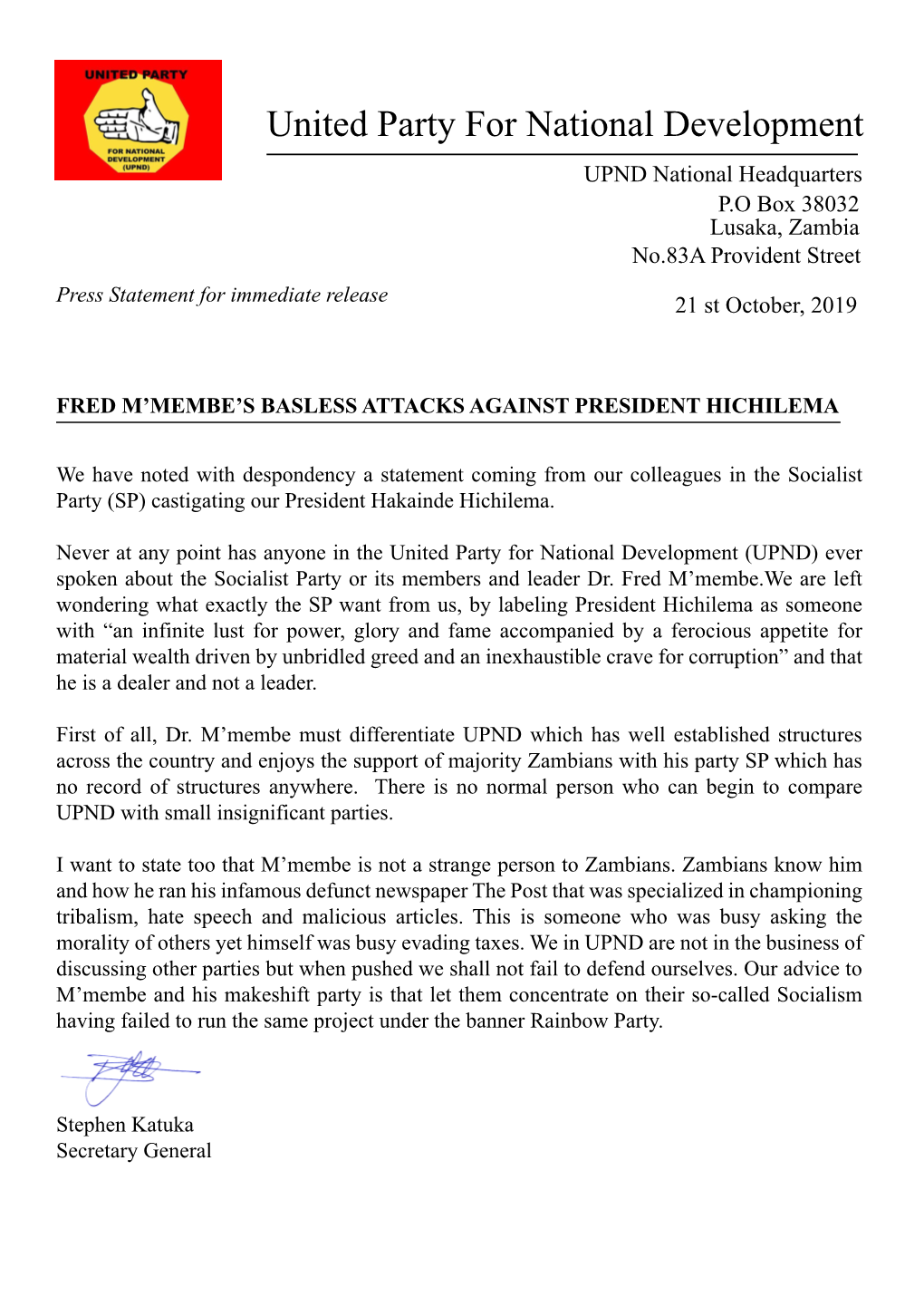 Press Release UPND