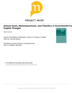 Animal Souls, Metempsychosis, and Theodicy in Seventeenth-Century English Thought