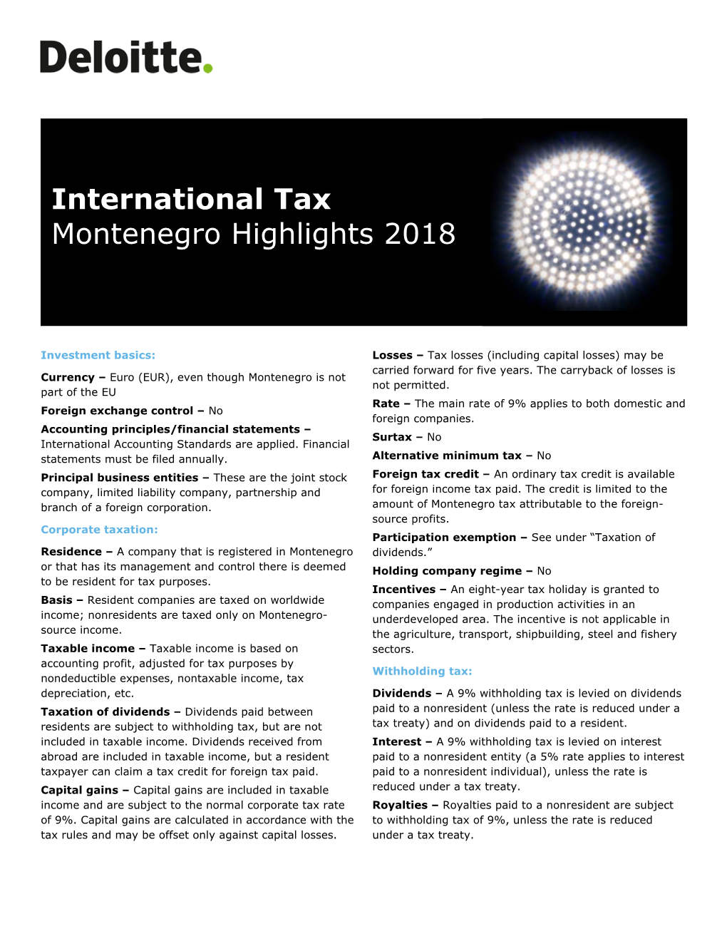 International Tax Montenegro Highlights 2018