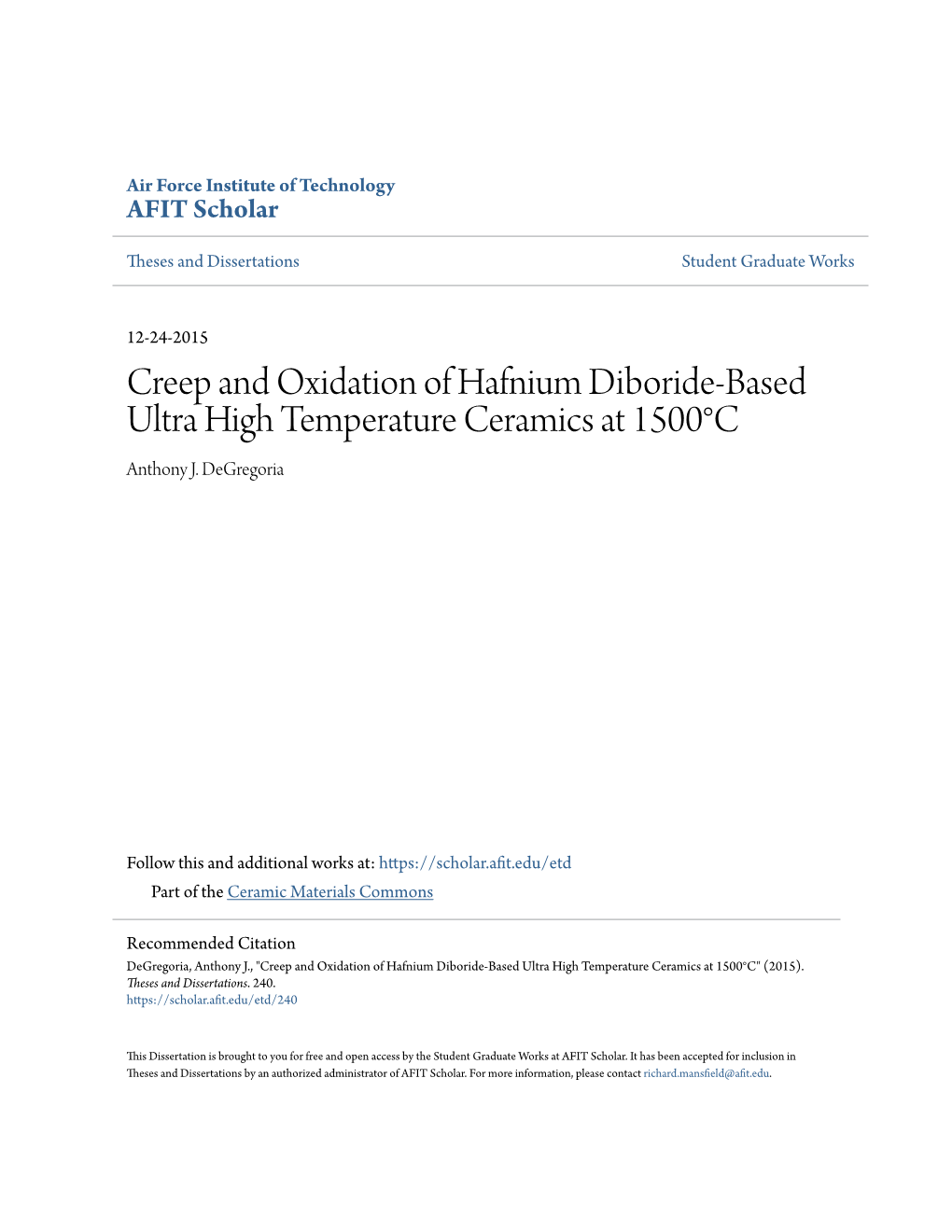 Creep and Oxidation of Hafnium Diboride-Based Ultra High Temperature Ceramics at 1500°C Anthony J