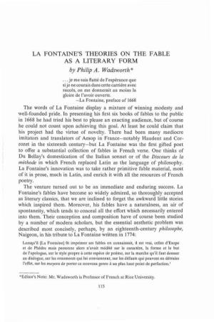 LA FONTAINE's THEORIES on the FABLE AS a LITERARY FORM by Philip A