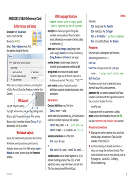 ENGG1811 VBA Reference Card