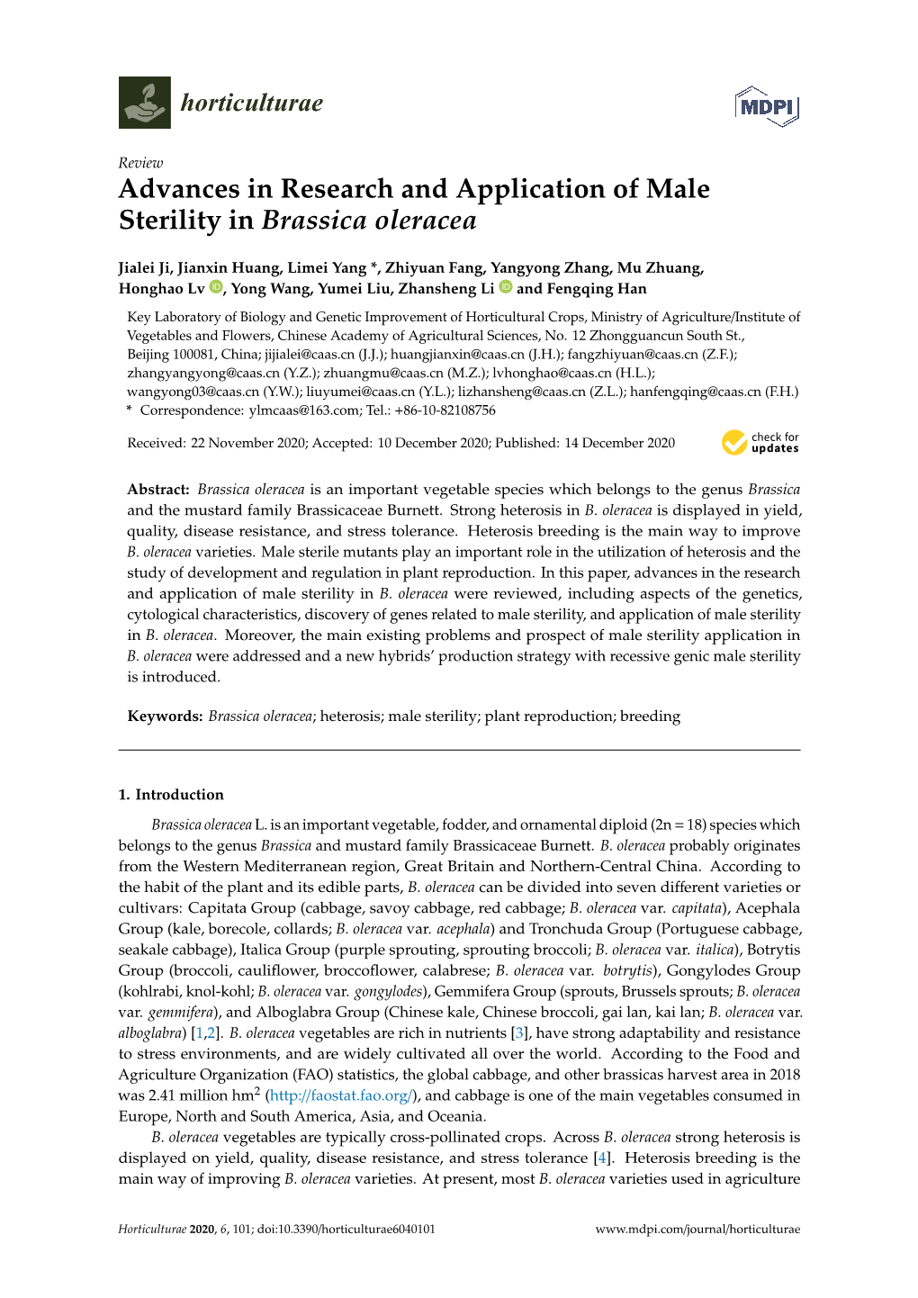 Advances in Research and Application of Male Sterility in Brassica Oleracea