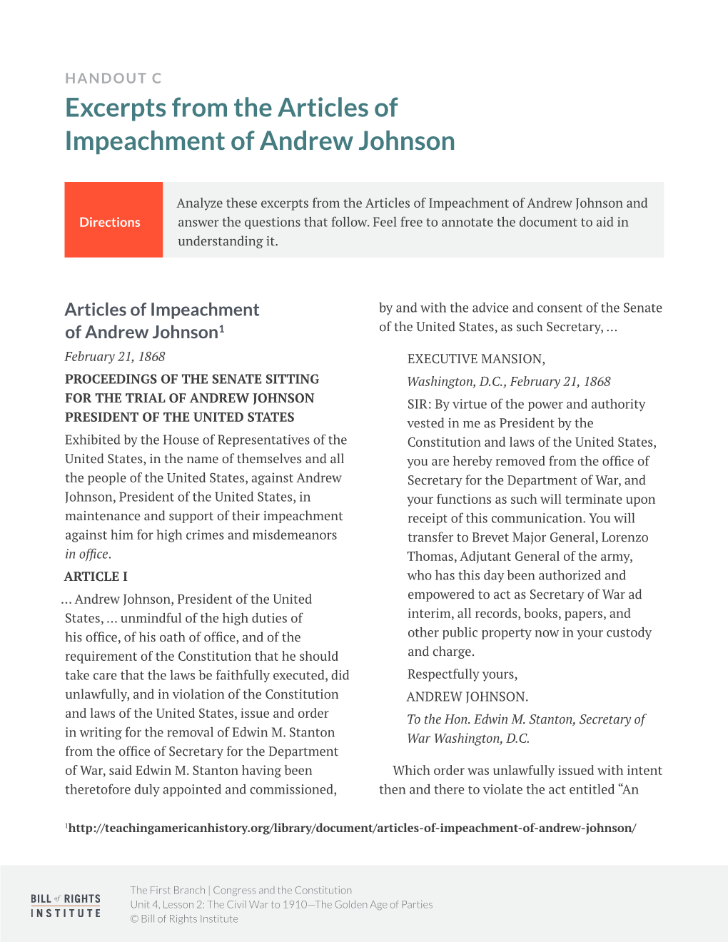 Excerpts from the Articles of Impeachment of Andrew Johnson