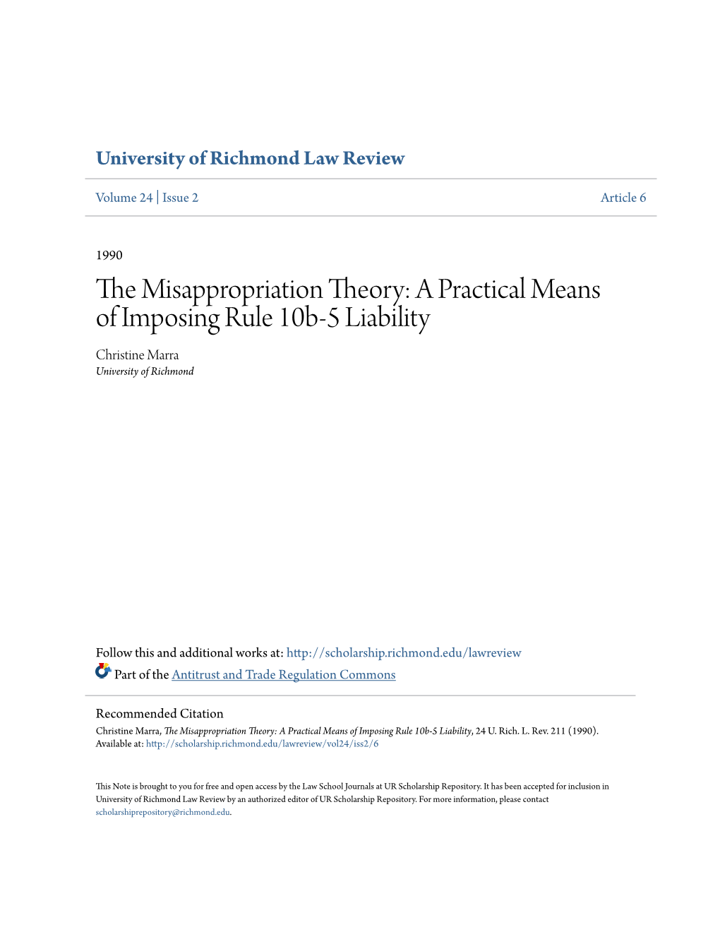The Misappropriation Theory: a Practical Means of Imposing Rule 10B-5 Liability, 24 U
