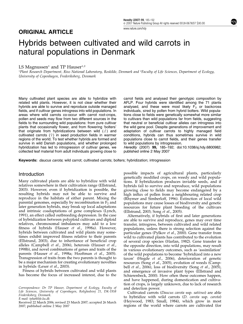 Hybrids Between Cultivated and Wild Carrots in Natural Populations in Denmark