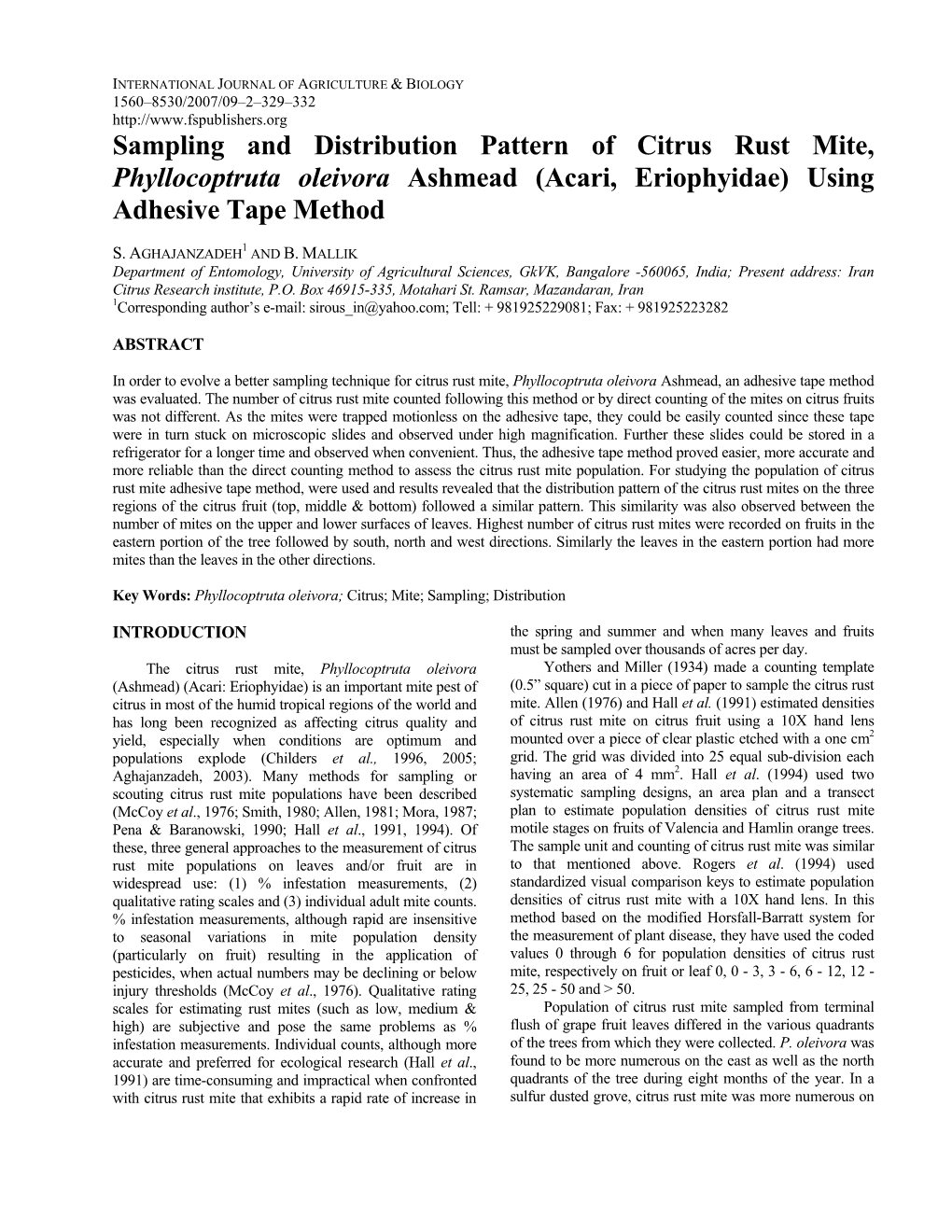 Sampling and Distribution Pattern of Citrus Rust Mite, Phyllocoptruta Oleivora Ashmead (Acari, Eriophyidae) Using Adhesive Tape Method