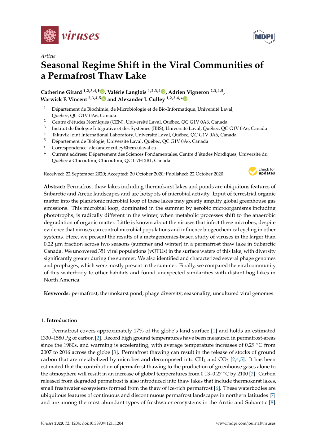 Seasonal Regime Shift in the Viral Communities of a Permafrost Thaw Lake