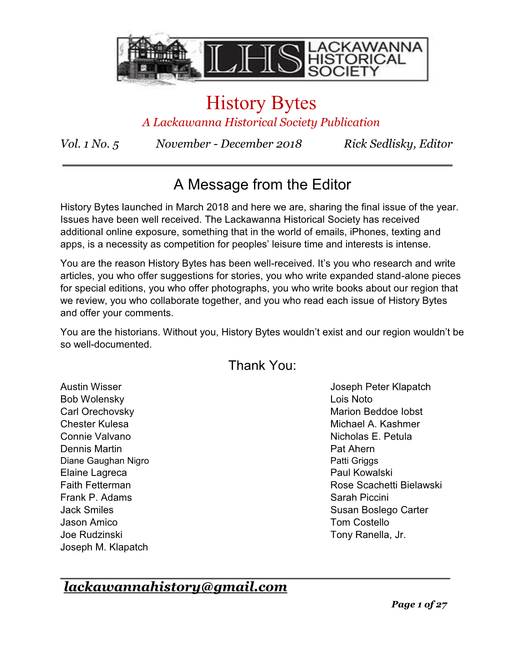 History Bytes a Lackawanna Historical Society Publication