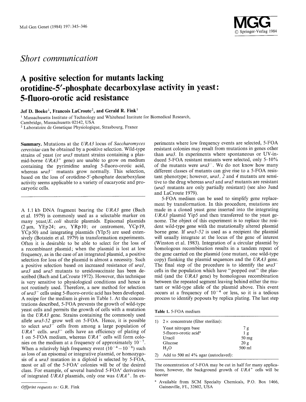 Phosphate Decarboxylase Activity in Yeast: 5-Fluoro-Orotic Acid Resistance