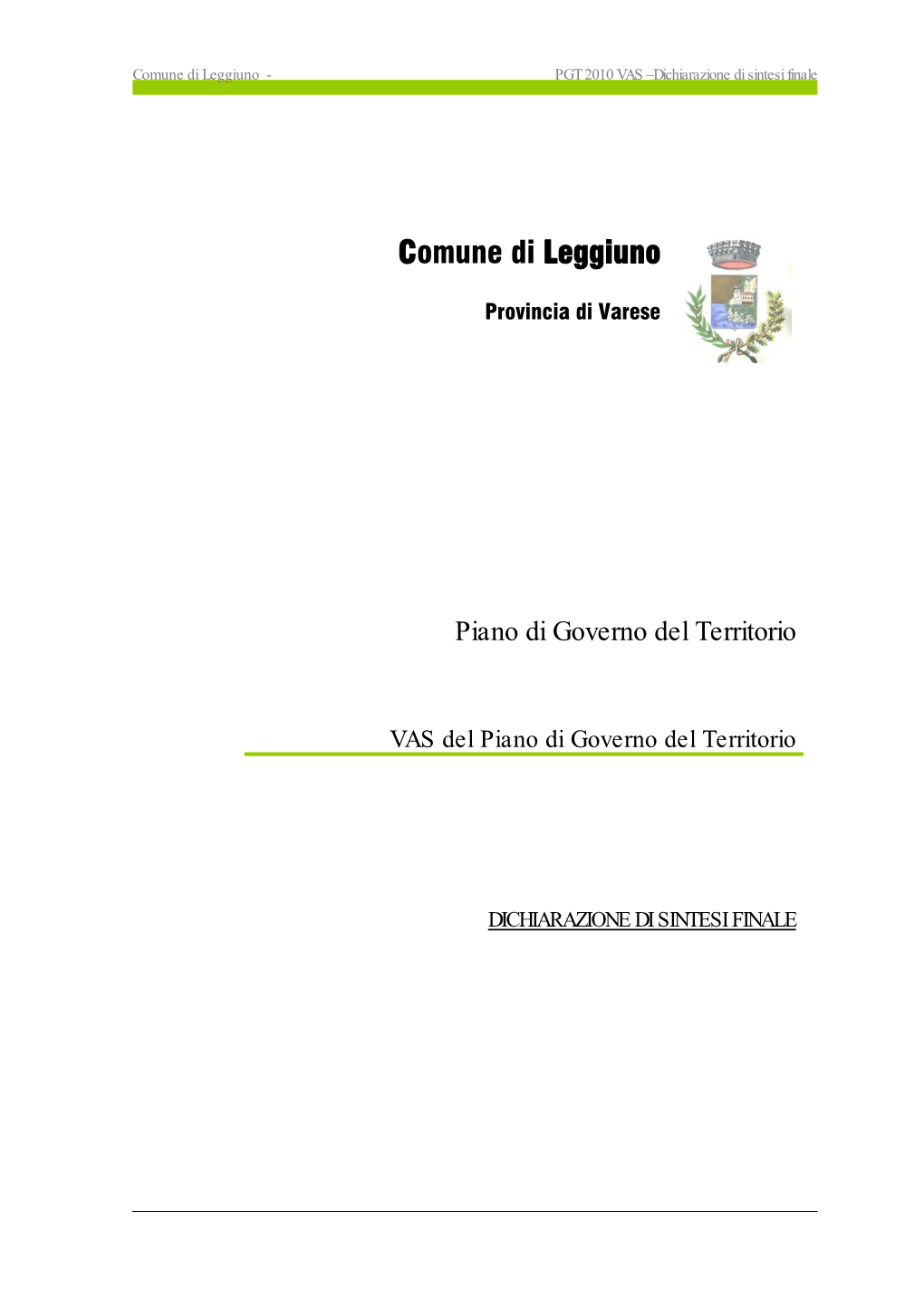 Comune Di Leggiuno - PGT 2010 VAS –Dichiarazione Di Sintesi Finale
