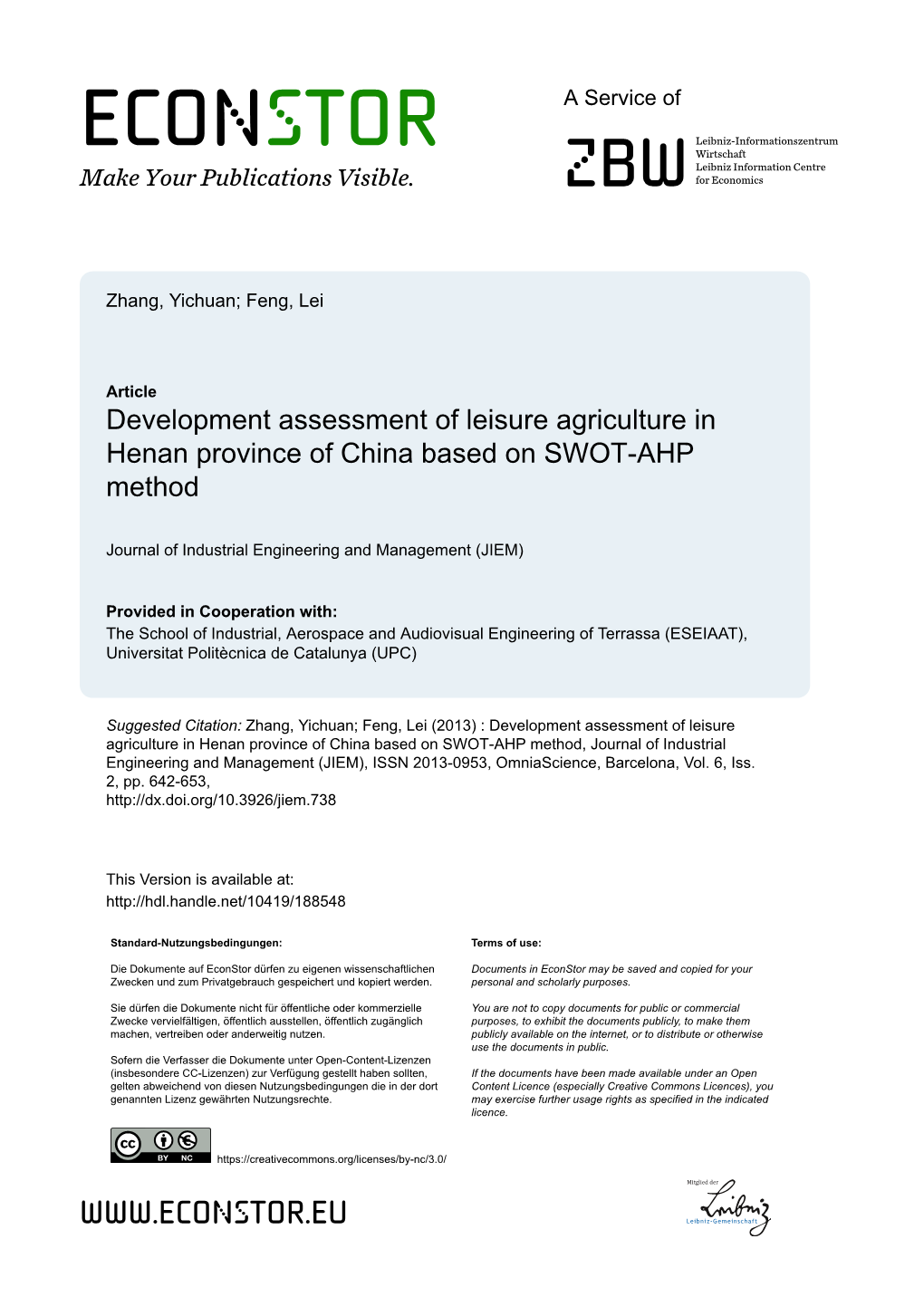 Development Assessment of Leisure Agriculture in Henan Province of China Based on SWOT-AHP Method