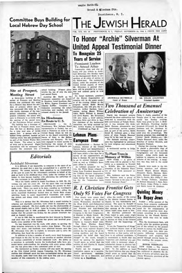 NOVEMBER 24, 1944 the JEWISH HERALD 111~ ~11~~ ~ I~ It ~~~S~Te~~~ I the Iewish Home Newspaper Ot Rhode Island