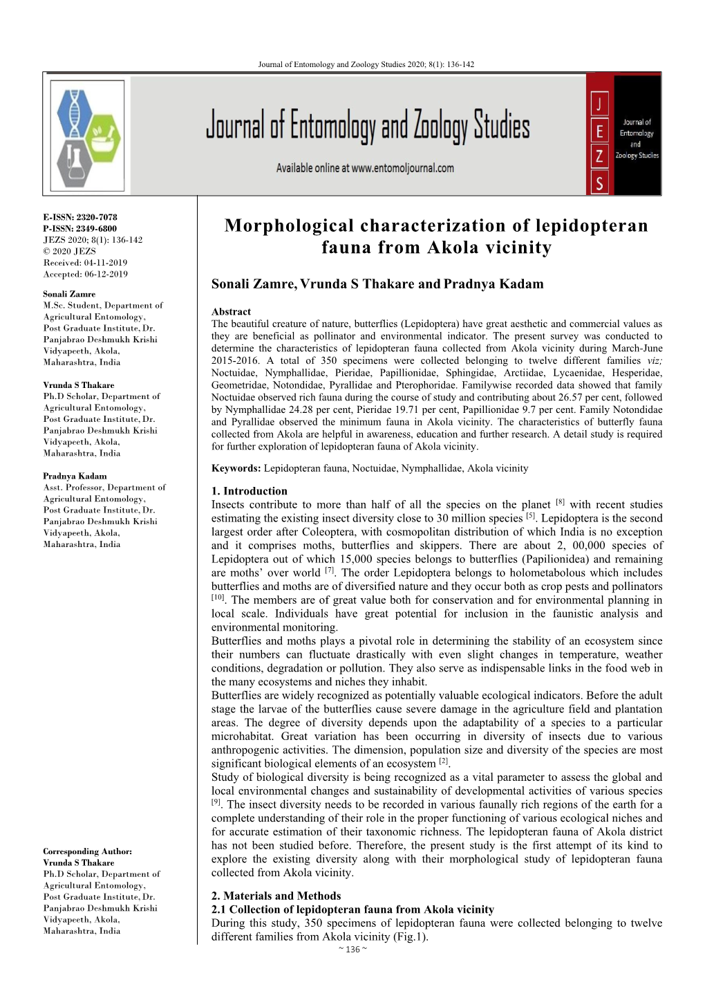 Morphological Characterization of Lepidopteran Fauna from Akola Vicinity