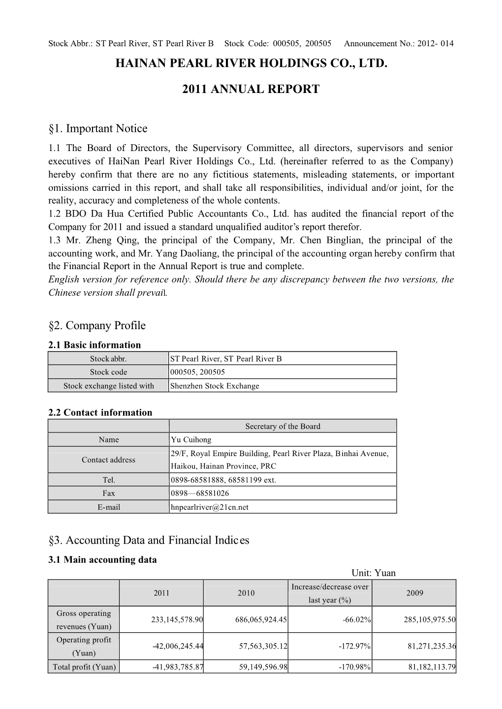 Hainan Pearl River Holdings Co., Ltd. 2011 Annual