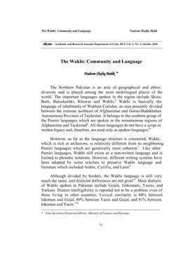 The Wakhi: Community and Language Nadeem Shafiq Malik