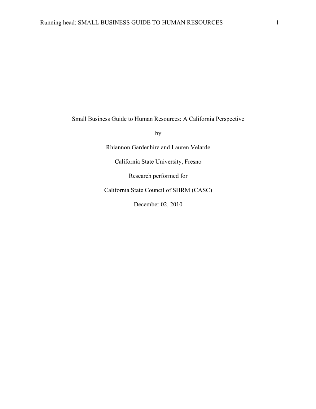 Small Business Guide to Human Resources: a California Perspective